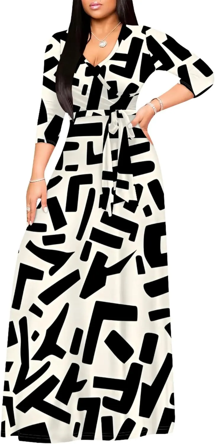2024 Fall Maxi Dress for Curvy Women Casual Sexy Bodycon V-Neck 3/4 Sleeve Floral Flowy Boho Wrap Sundress with Belt