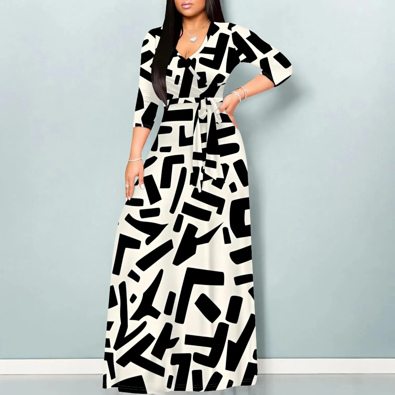 2024 Fall Maxi Dress for Curvy Women Casual Sexy Bodycon V-Neck 3/4 Sleeve Floral Flowy Boho Wrap Sundress with Belt