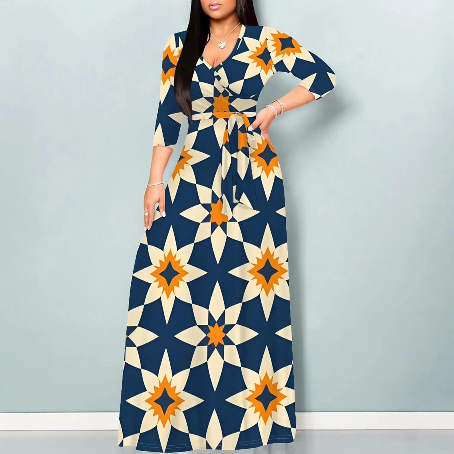 2024 Fall Maxi Dress for Curvy Women Casual Sexy Bodycon V-Neck 3/4 Sleeve Floral Flowy Boho Wrap Sundress with Belt