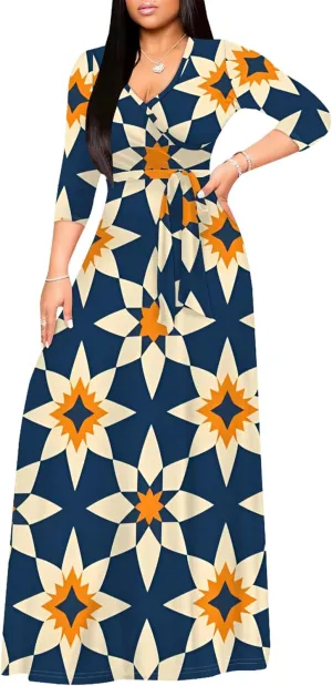 2024 Fall Maxi Dress for Curvy Women Casual Sexy Bodycon V-Neck 3/4 Sleeve Floral Flowy Boho Wrap Sundress with Belt