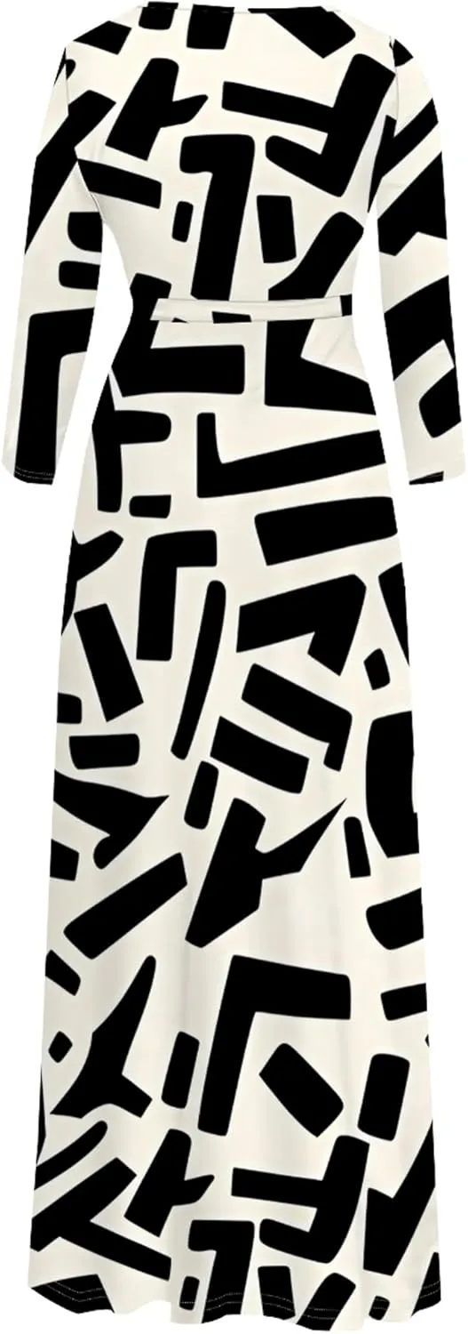2024 Fall Maxi Dress for Curvy Women Casual Sexy Bodycon V-Neck 3/4 Sleeve Floral Flowy Boho Wrap Sundress with Belt