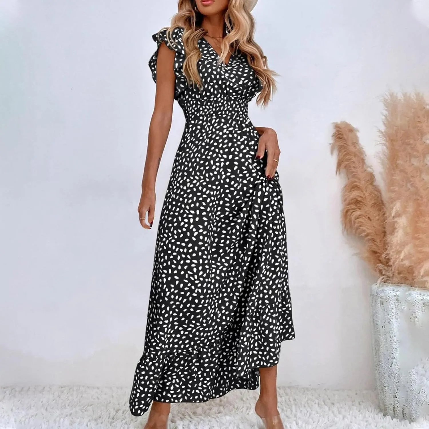 2024 Womens Summer Dresses Casual Boho Floral Ruffle Sleeve Midi Dresses Trendy Tie Waist V-Neck Sundress Beach Dress