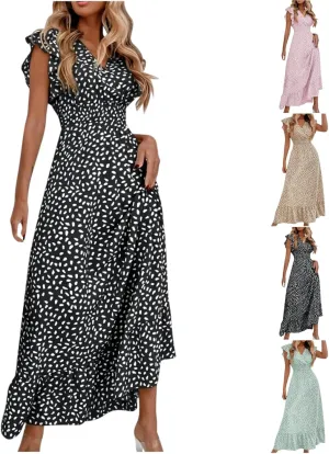 2024 Womens Summer Dresses Casual Boho Floral Ruffle Sleeve Midi Dresses Trendy Tie Waist V-Neck Sundress Beach Dress