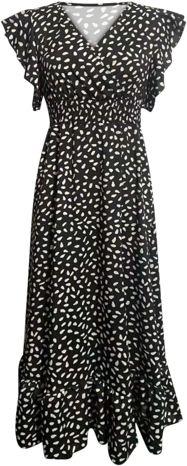 2024 Womens Summer Dresses Casual Boho Floral Ruffle Sleeve Midi Dresses Trendy Tie Waist V-Neck Sundress Beach Dress
