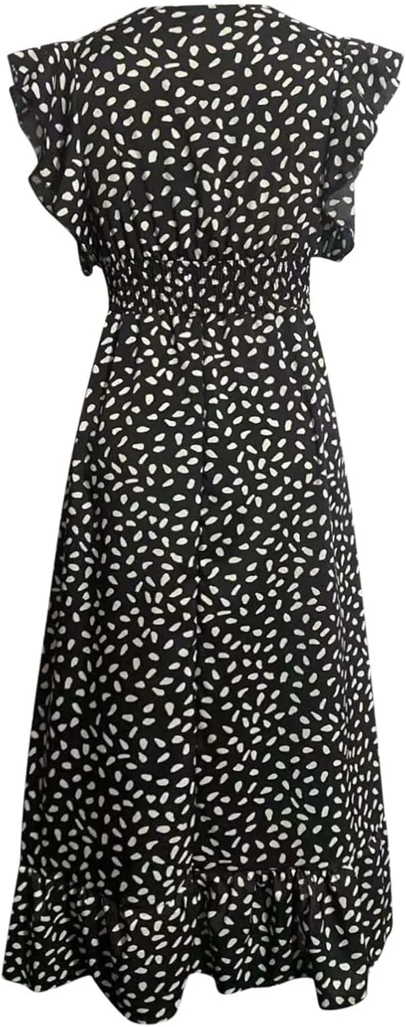 2024 Womens Summer Dresses Casual Boho Floral Ruffle Sleeve Midi Dresses Trendy Tie Waist V-Neck Sundress Beach Dress
