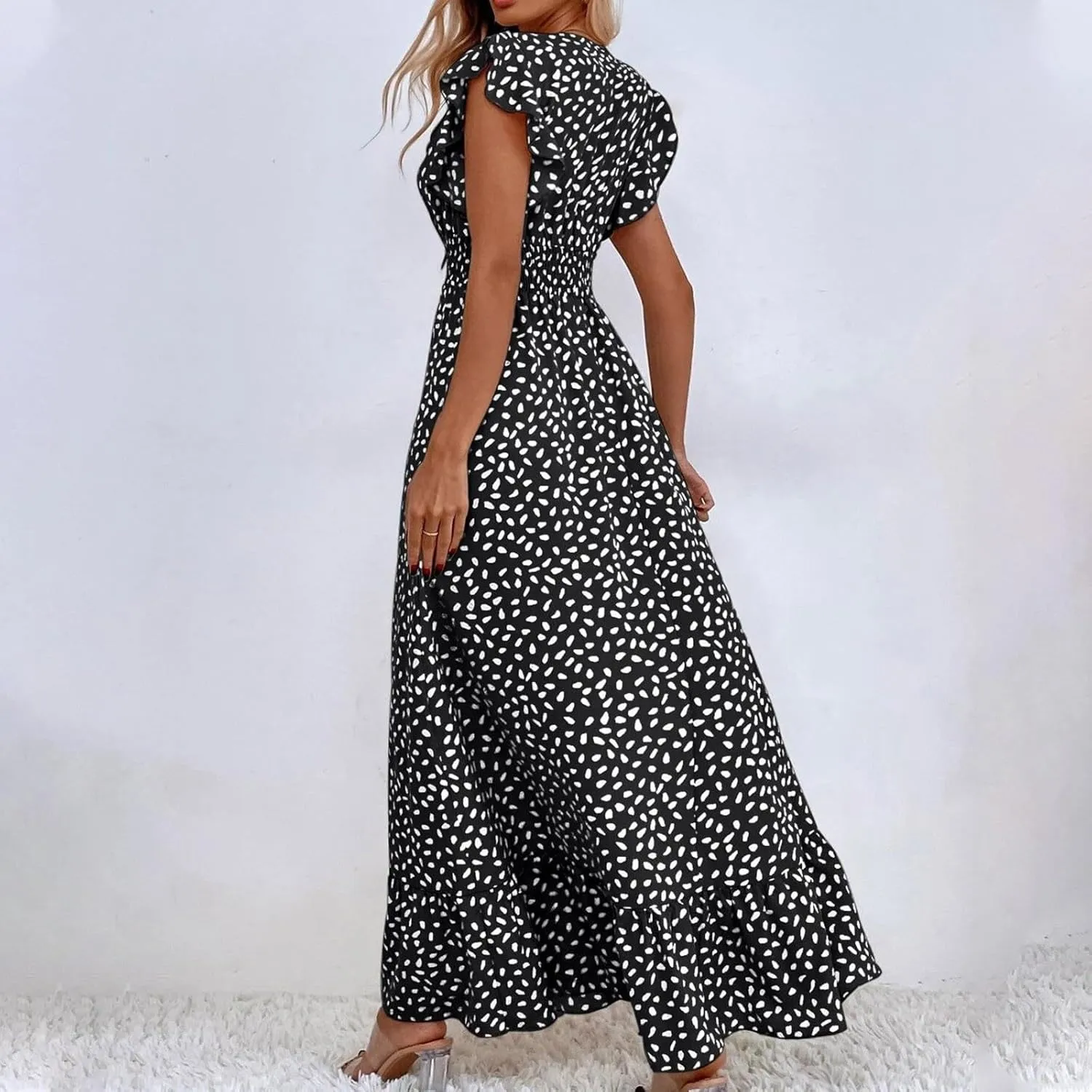 2024 Womens Summer Dresses Casual Boho Floral Ruffle Sleeve Midi Dresses Trendy Tie Waist V-Neck Sundress Beach Dress