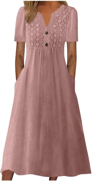 2025 Summer Boho Maxi Dress for Women V-Neck Button & Lace Trim Beach Vacation Dress with Pockets Loose Sundress