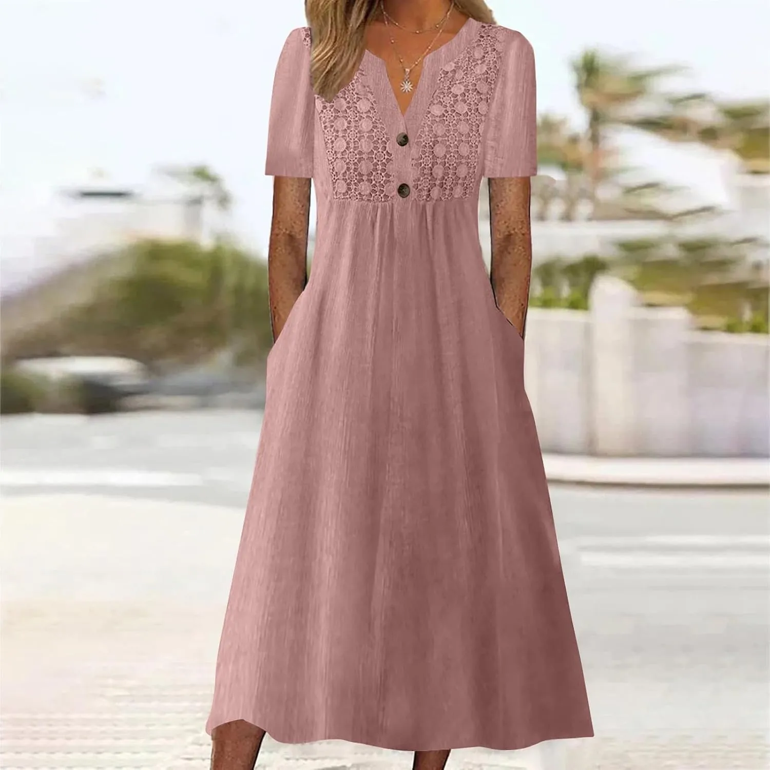 2025 Summer Boho Maxi Dress for Women V-Neck Button & Lace Trim Beach Vacation Dress with Pockets Loose Sundress