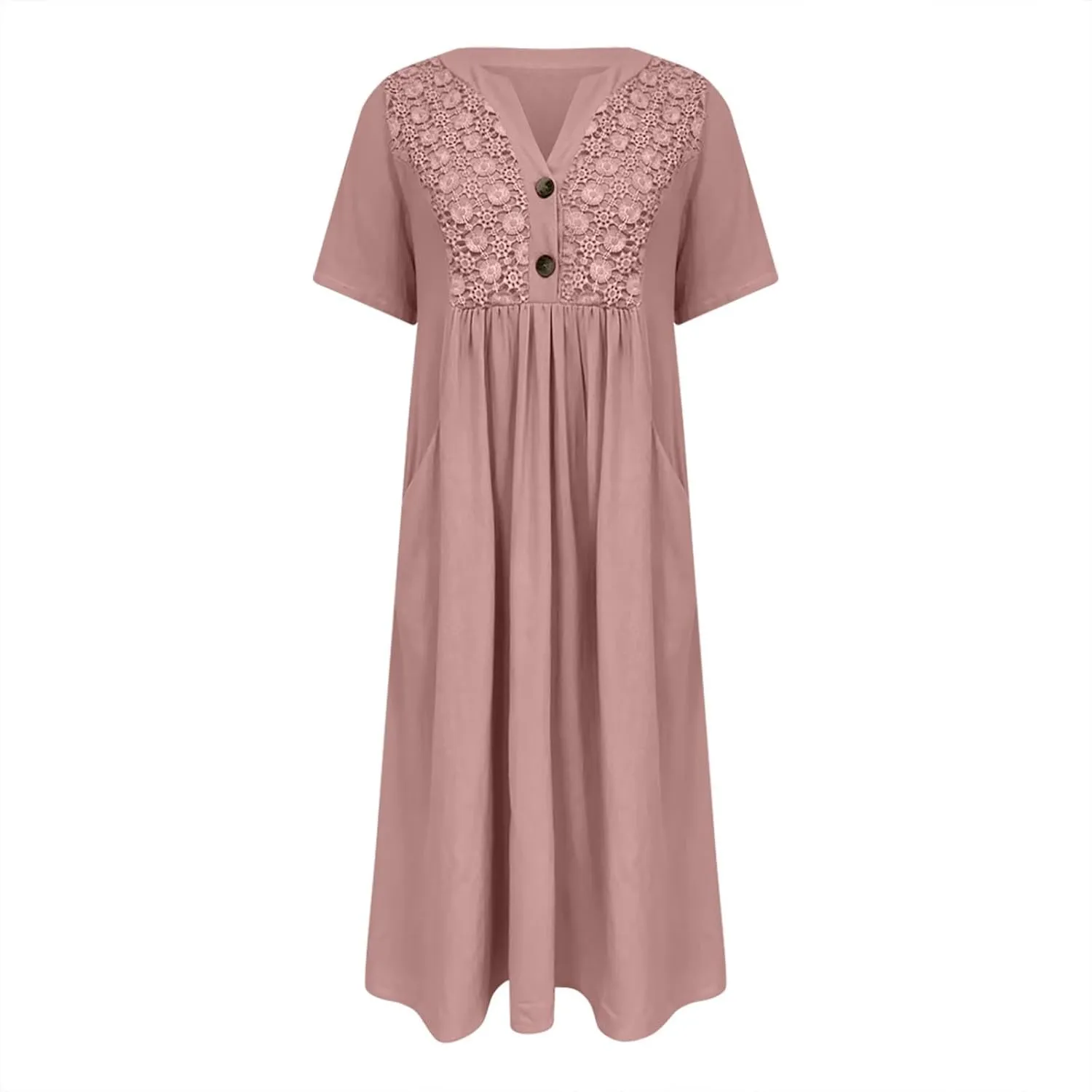 2025 Summer Boho Maxi Dress for Women V-Neck Button & Lace Trim Beach Vacation Dress with Pockets Loose Sundress