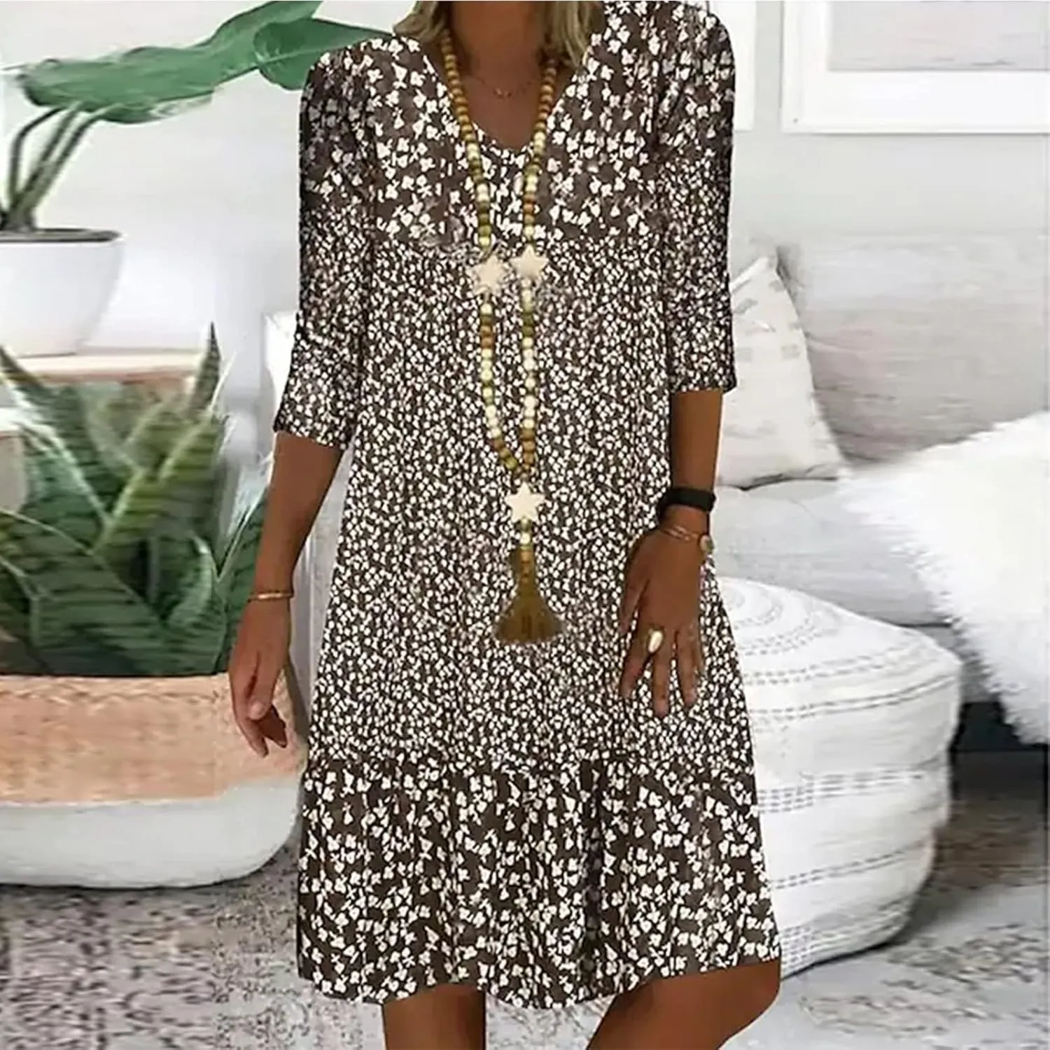 3/4 Sleeve Knee Length Dress for Women 2024 Casual Comfy Loose Fit Midi Dresses Womens Summer Boho Floral Dresses