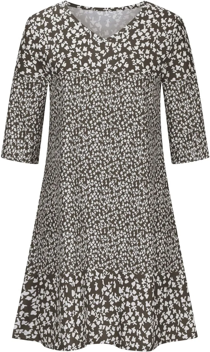 3/4 Sleeve Knee Length Dress for Women 2024 Casual Comfy Loose Fit Midi Dresses Womens Summer Boho Floral Dresses