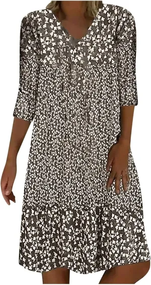 3/4 Sleeve Knee Length Dress for Women 2024 Casual Comfy Loose Fit Midi Dresses Womens Summer Boho Floral Dresses