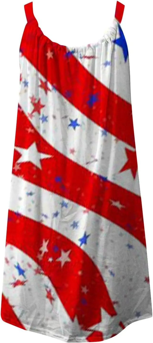 4th of July Dresses for Women Summer Casual Sleeveless Beach Flowy Sundress Patriotic American Flag Stars Tank Dress
