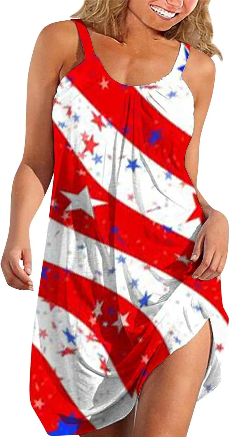 4th of July Dresses for Women Summer Casual Sleeveless Beach Flowy Sundress Patriotic American Flag Stars Tank Dress