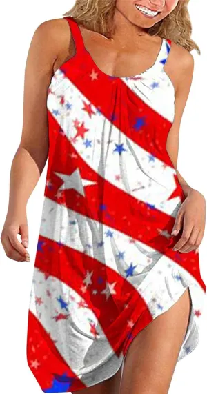 4th of July Dresses for Women Summer Casual Sleeveless Beach Flowy Sundress Patriotic American Flag Stars Tank Dress