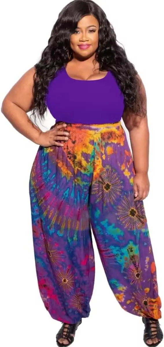 Acatmew Plus Size Harem Pants for Women African Print Casual Bohemian Loose Long Pants with Pocket