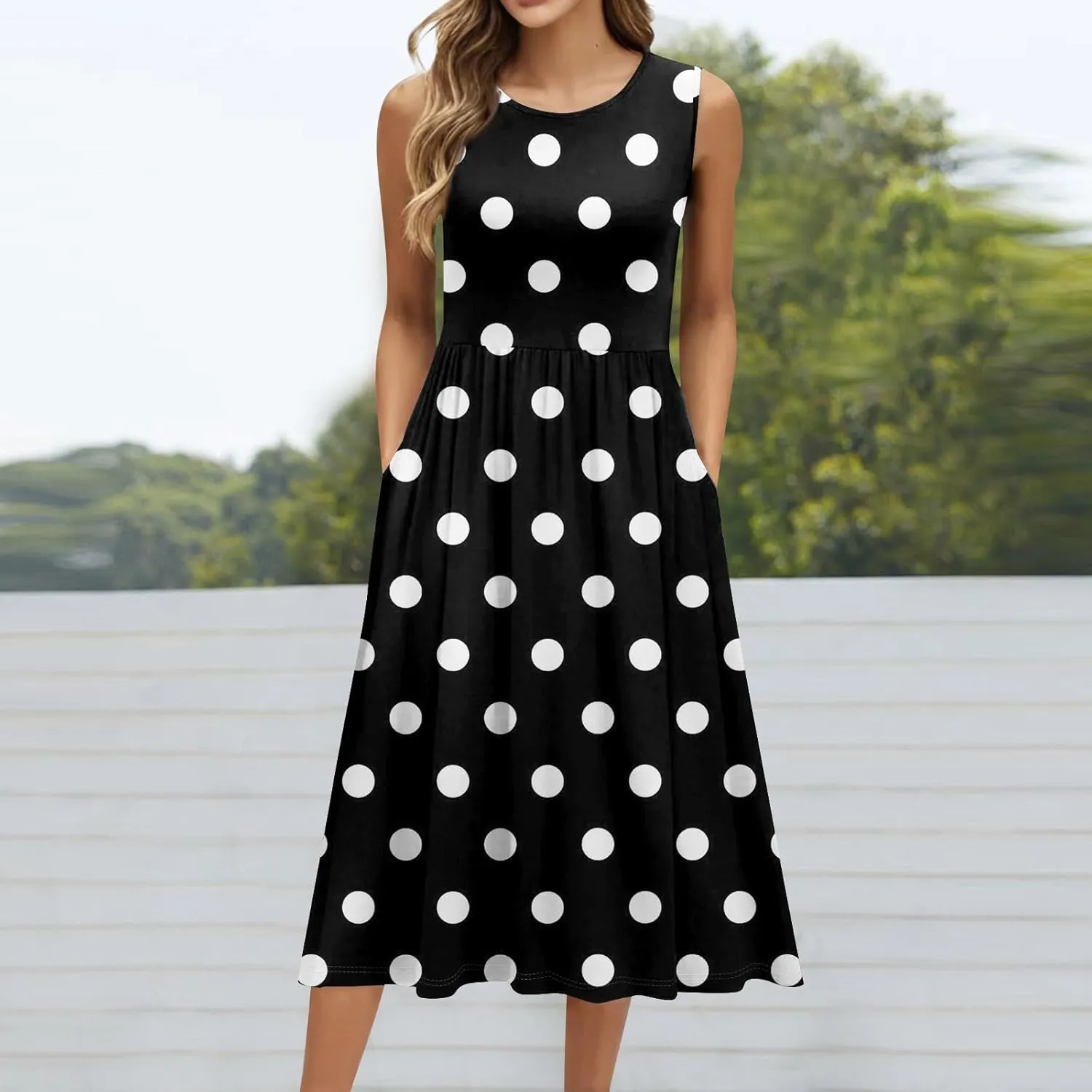 ADHOWBEW Dresses for Women 2025 Round Neck Flowy Casual Plus Size Sexy Vacation Sleeveless Long Dresses
