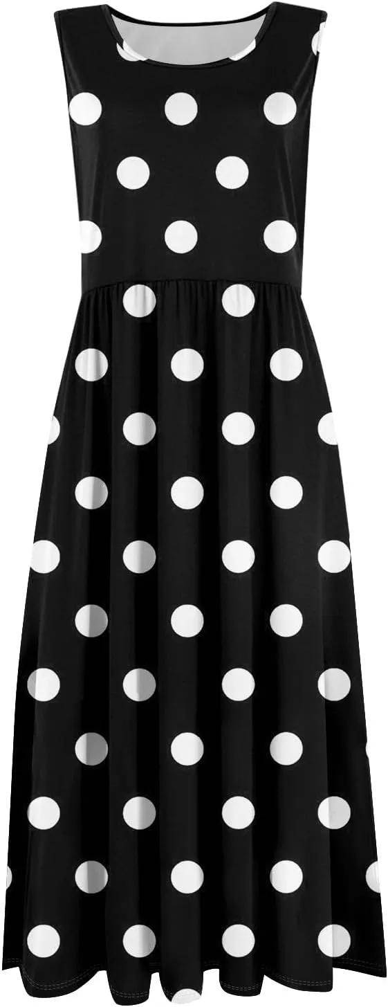 ADHOWBEW Dresses for Women 2025 Round Neck Flowy Casual Plus Size Sexy Vacation Sleeveless Long Dresses
