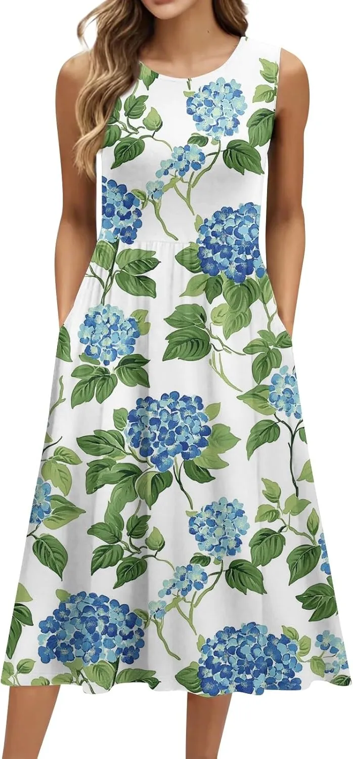 ADHOWBEW Summer Dresses for Women 2025 Plus Size Sleeveless Casual Sexy Round Neck Flowy Vacation Dresses