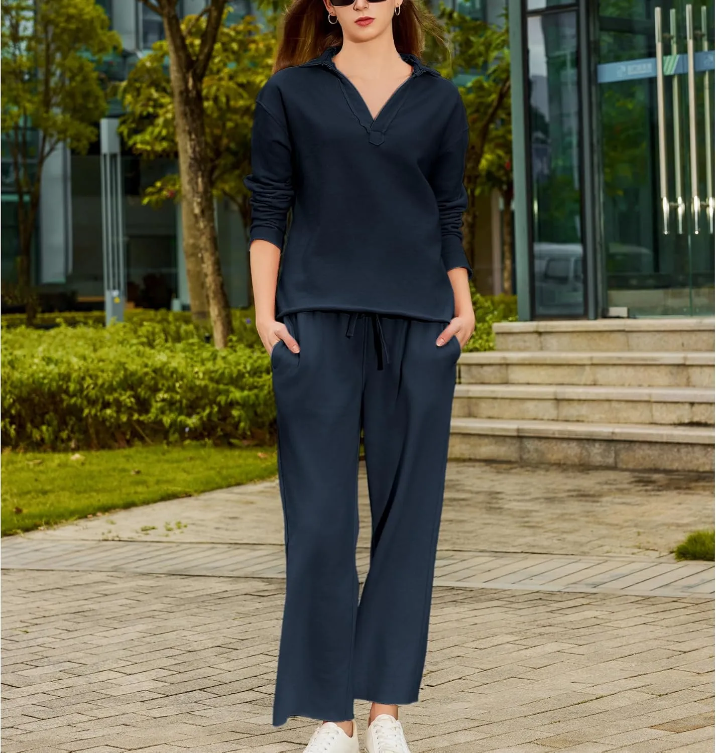 Ainangua Casual 2 Piece Sets for Women V Neck Long Sleeve Tops Wide Leg Pants Workout Outfits Fashion Carmel Travel Set