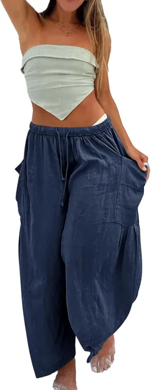 Akivide Women Casual Linen Pant High Elastic Waist Wide Leg Long Pant Drawstring Loose Beach Lounge Trousers with Pocket