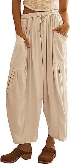 Akivide Women Casual Linen Pant High Elastic Waist Wide Leg Long Pant Drawstring Loose Beach Lounge Trousers with Pocket