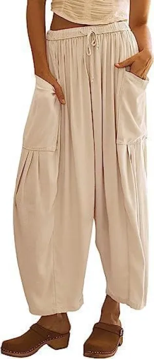 Akivide Women Casual Linen Pant High Elastic Waist Wide Leg Long Pant Drawstring Loose Beach Lounge Trousers with Pocket