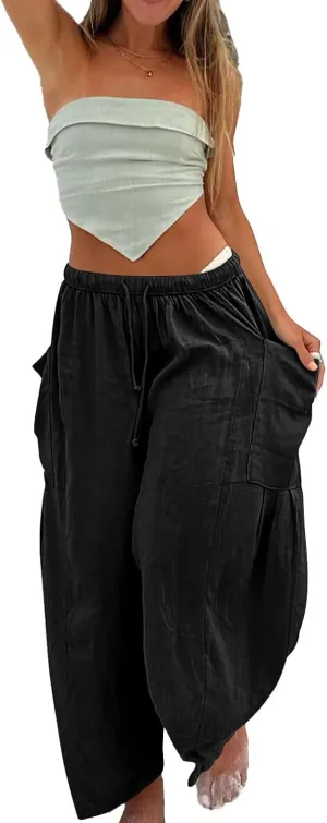 Akivide Women Casual Linen Pant High Elastic Waist Wide Leg Long Pant Drawstring Loose Beach Lounge Trousers with Pocket