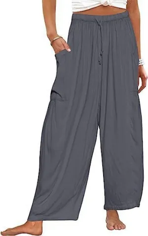 Akivide Women Casual Linen Pant High Elastic Waist Wide Leg Long Pant Drawstring Loose Beach Lounge Trousers with Pocket