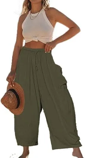 Akivide Women Casual Linen Pant High Elastic Waist Wide Leg Long Pant Drawstring Loose Beach Lounge Trousers with Pocket