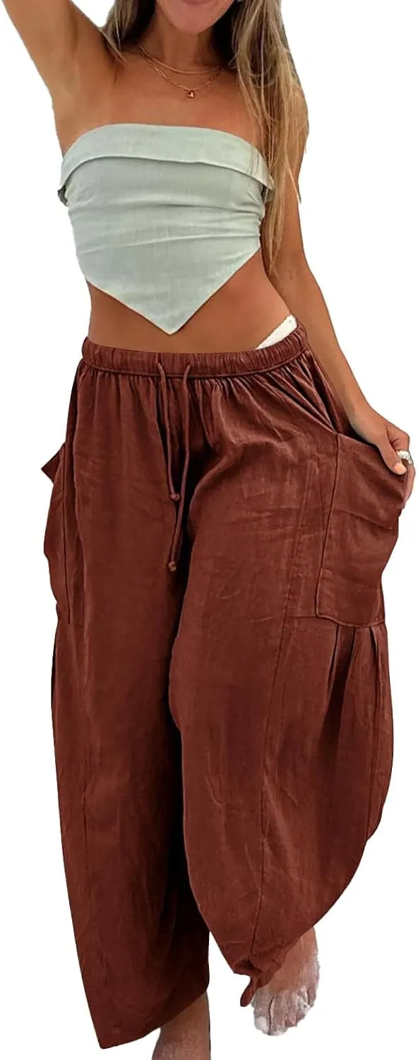 Akivide Women Casual Linen Pant High Elastic Waist Wide Leg Long Pant Drawstring Loose Beach Lounge Trousers with Pocket
