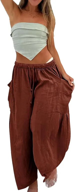 Akivide Women Casual Linen Pant High Elastic Waist Wide Leg Long Pant Drawstring Loose Beach Lounge Trousers with Pocket