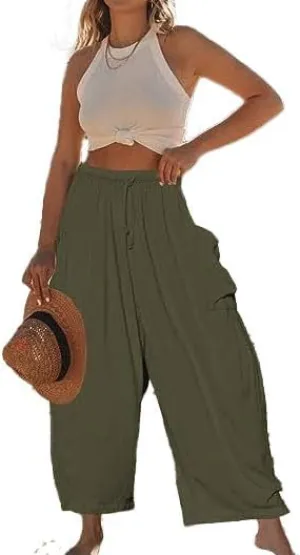 Akivide Women Casual Linen Pant High Elastic Waist Wide Leg Long Pant Drawstring Loose Beach Lounge Trousers with Pocket