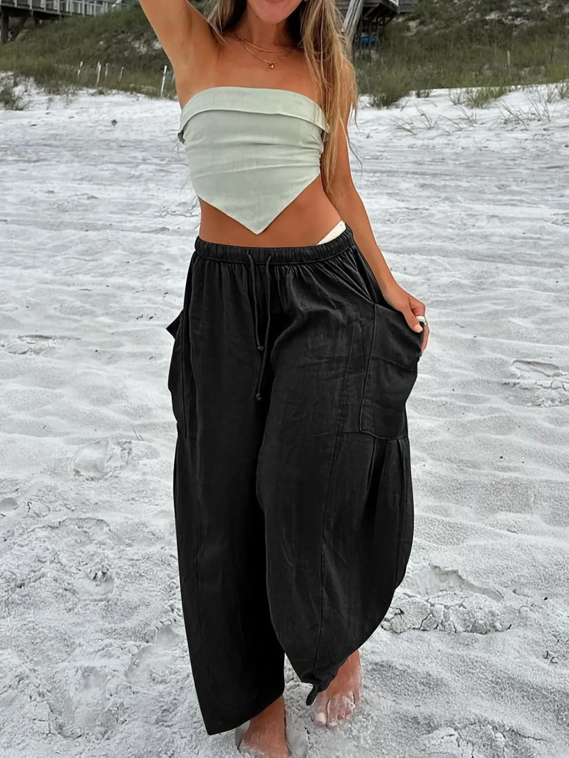 Akivide Women Casual Linen Pant High Elastic Waist Wide Leg Long Pant Drawstring Loose Beach Lounge Trousers with Pocket