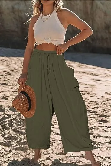 Akivide Women Casual Linen Pant High Elastic Waist Wide Leg Long Pant Drawstring Loose Beach Lounge Trousers with Pocket