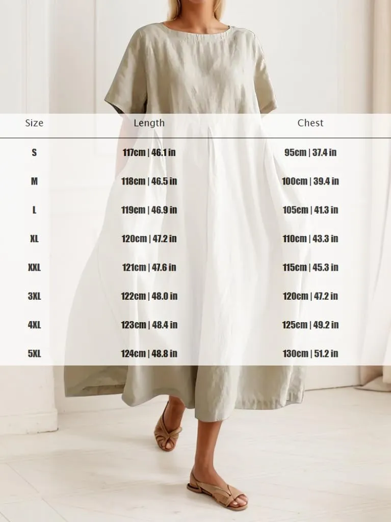 Akivide Women's Summer Flowy Cotton Linen Short Sleeve Maxi Dress Casual Plus Size Crewneck Beach Tshirt Dress with Pockets