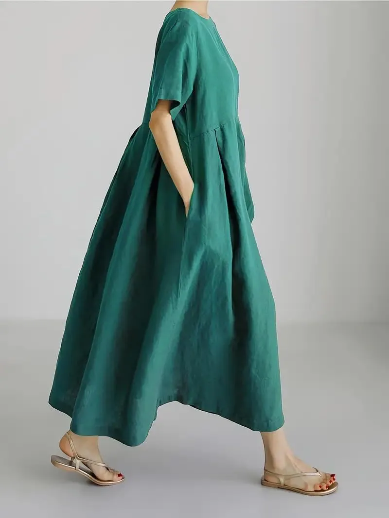 Akivide Women's Summer Flowy Cotton Linen Short Sleeve Maxi Dress Casual Plus Size Crewneck Beach Tshirt Dress with Pockets