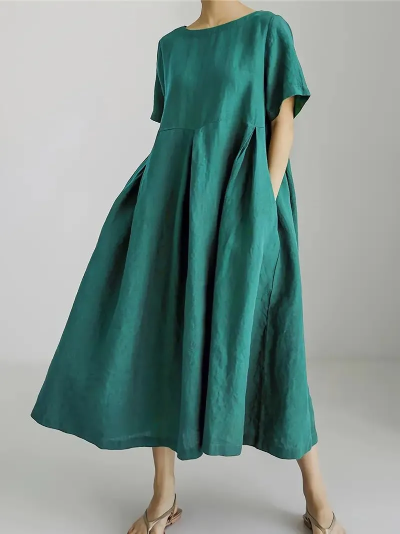 Akivide Women's Summer Flowy Cotton Linen Short Sleeve Maxi Dress Casual Plus Size Crewneck Beach Tshirt Dress with Pockets