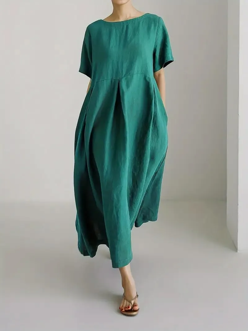 Akivide Women's Summer Flowy Cotton Linen Short Sleeve Maxi Dress Casual Plus Size Crewneck Beach Tshirt Dress with Pockets