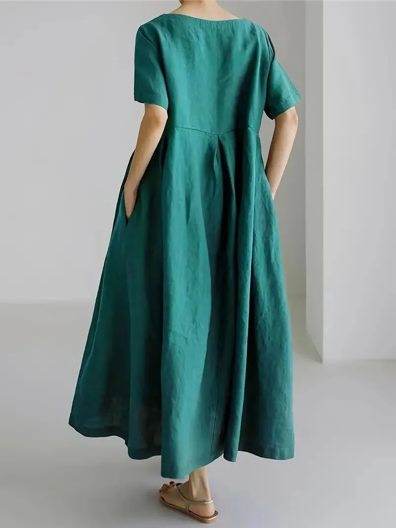 Akivide Women's Summer Flowy Cotton Linen Short Sleeve Maxi Dress Casual Plus Size Crewneck Beach Tshirt Dress with Pockets