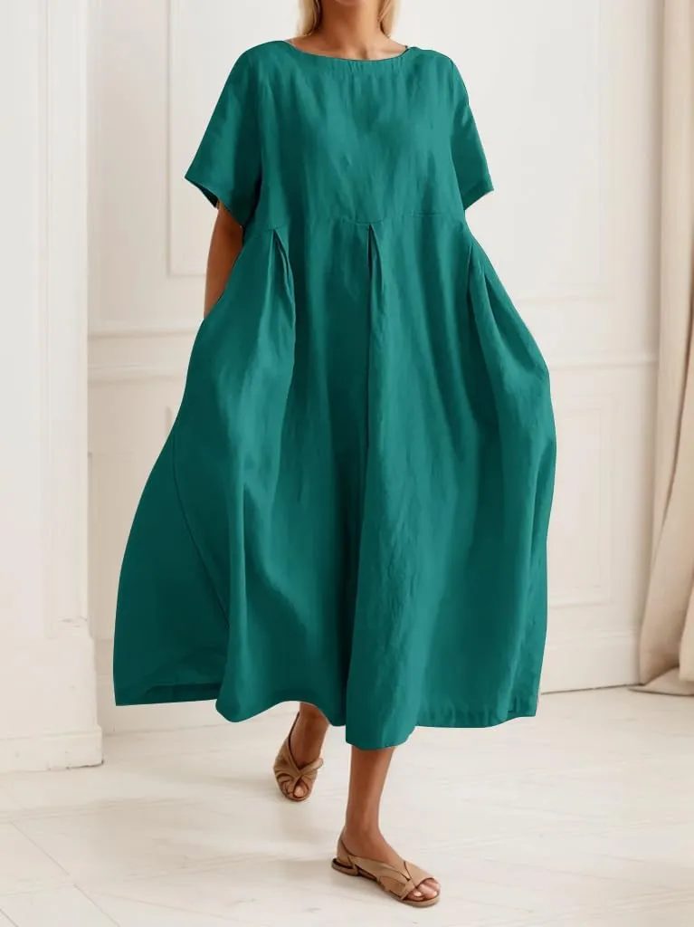 Akivide Women's Summer Flowy Cotton Linen Short Sleeve Maxi Dress Casual Plus Size Crewneck Beach Tshirt Dress with Pockets