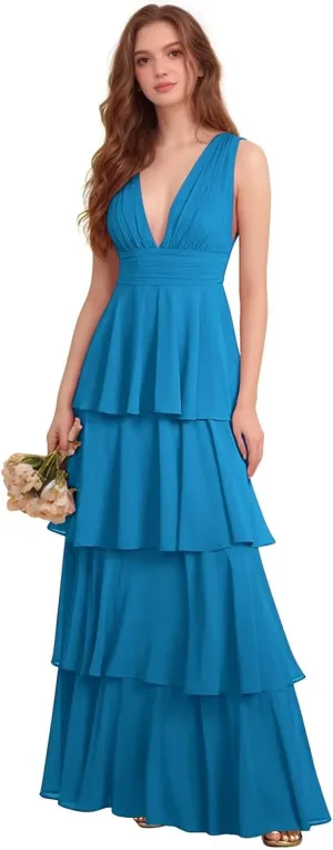 ALFEICE Ruffle Bridesmaid Dresses Tiered Prom Dress for Women 2025 Long Chiffon V Neck Formal Wedding Guest Dresses