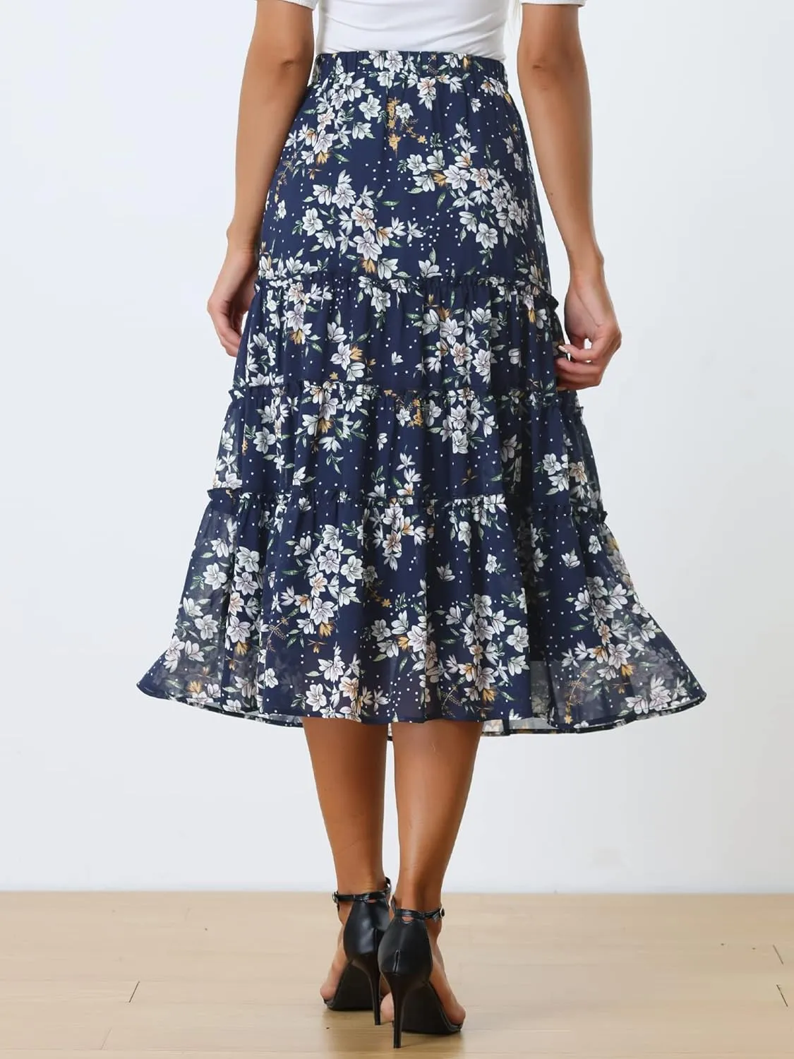 Allegra K Women's Floral Skirts Chiffon A-line Long Tiered Ruffle Boho Midi Skirt XS-3XL