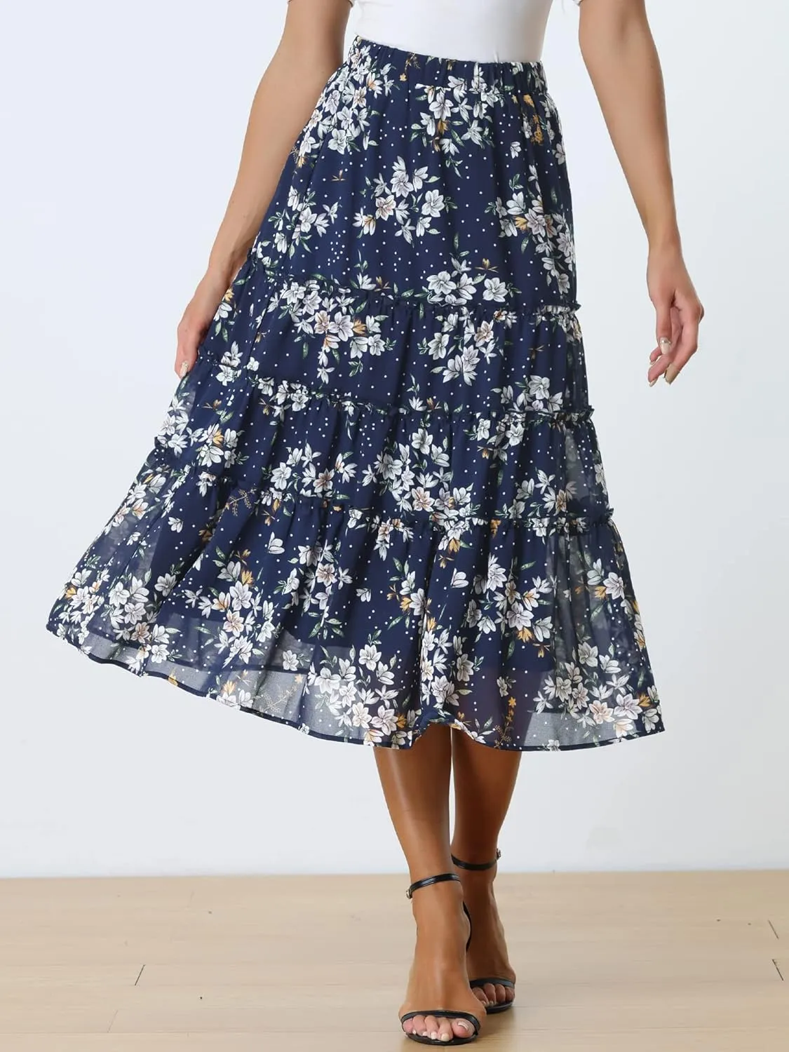 Allegra K Women's Floral Skirts Chiffon A-line Long Tiered Ruffle Boho Midi Skirt XS-3XL