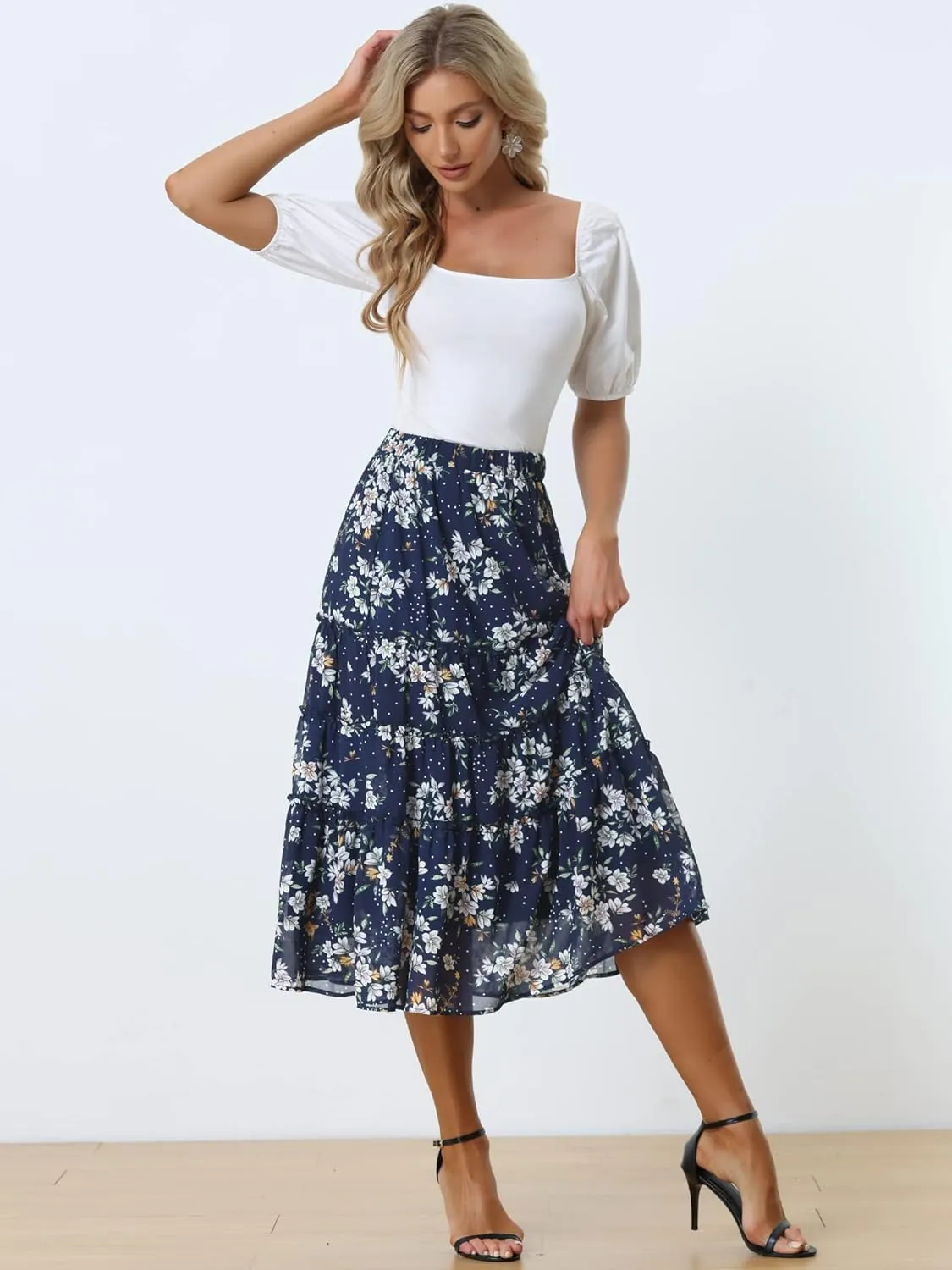Allegra K Women's Floral Skirts Chiffon A-line Long Tiered Ruffle Boho Midi Skirt XS-3XL