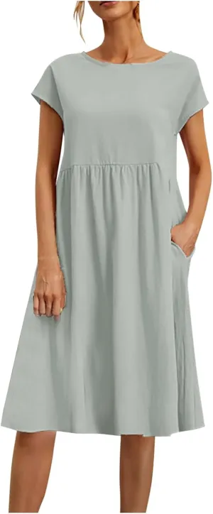 Aniywn Linen Dresses for Women 2025 Vacation Casual Summer Short Sleeve O Neck Flowy Dress Boho Beach Sundress with Pockets
