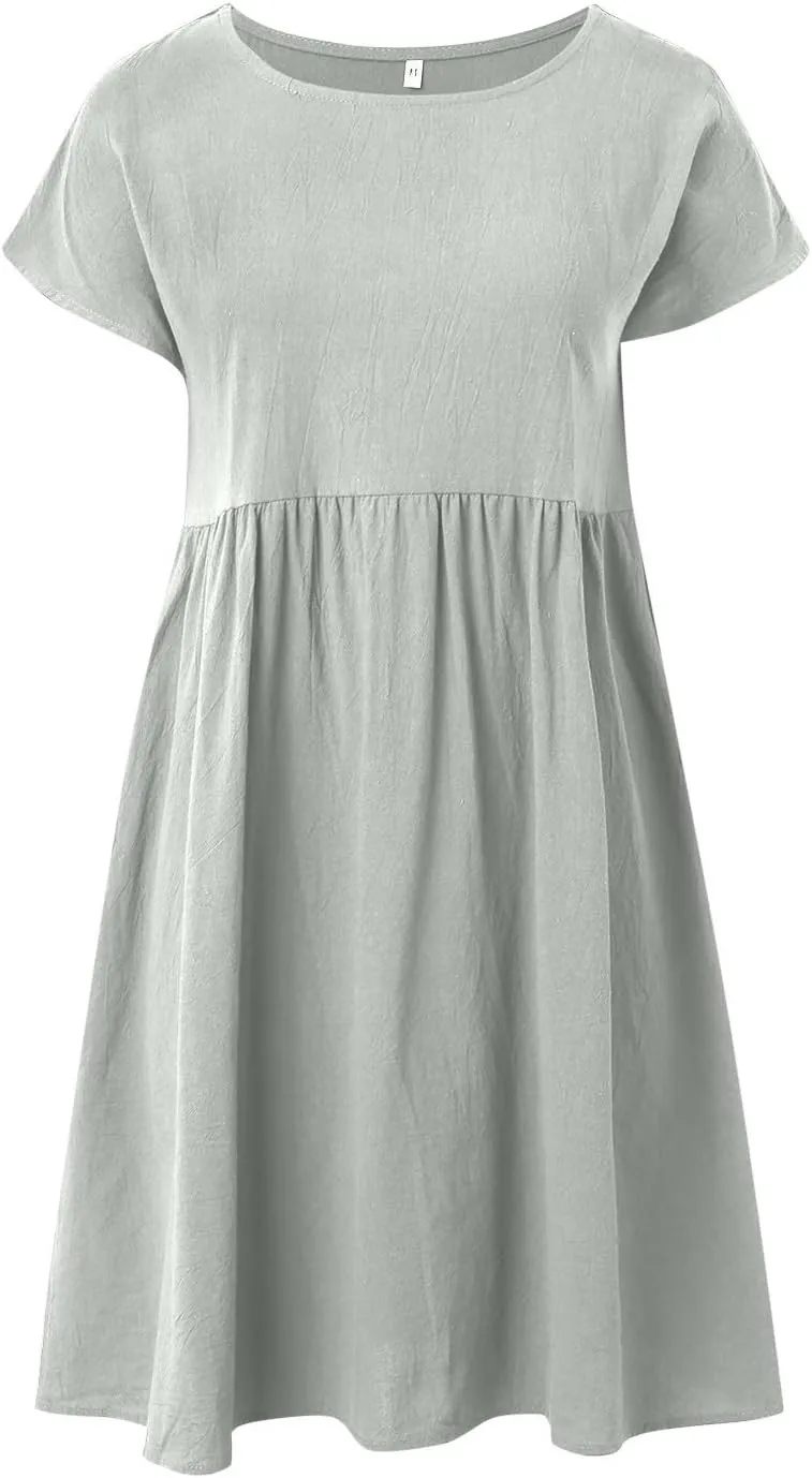 Aniywn Linen Dresses for Women 2025 Vacation Casual Summer Short Sleeve O Neck Flowy Dress Boho Beach Sundress with Pockets