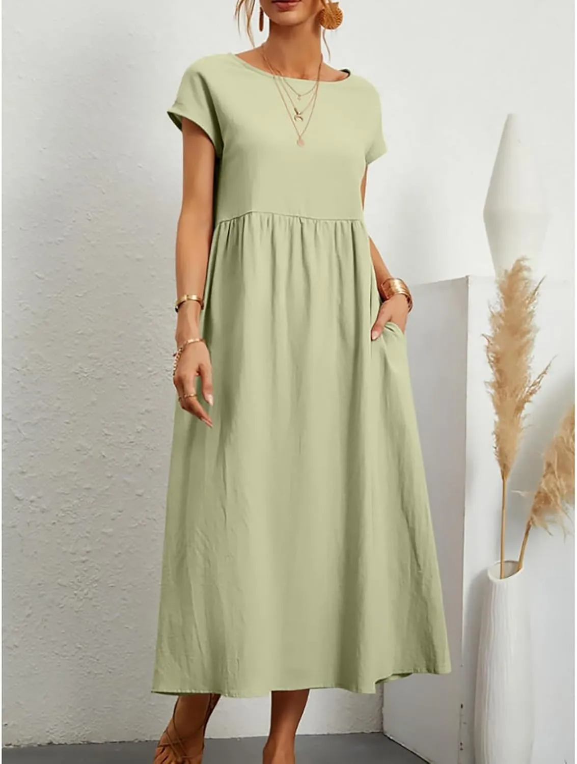 Aniywn Linen Dresses for Women 2025 Vacation Casual Summer Short Sleeve O Neck Flowy Dress Boho Beach Sundress with Pockets