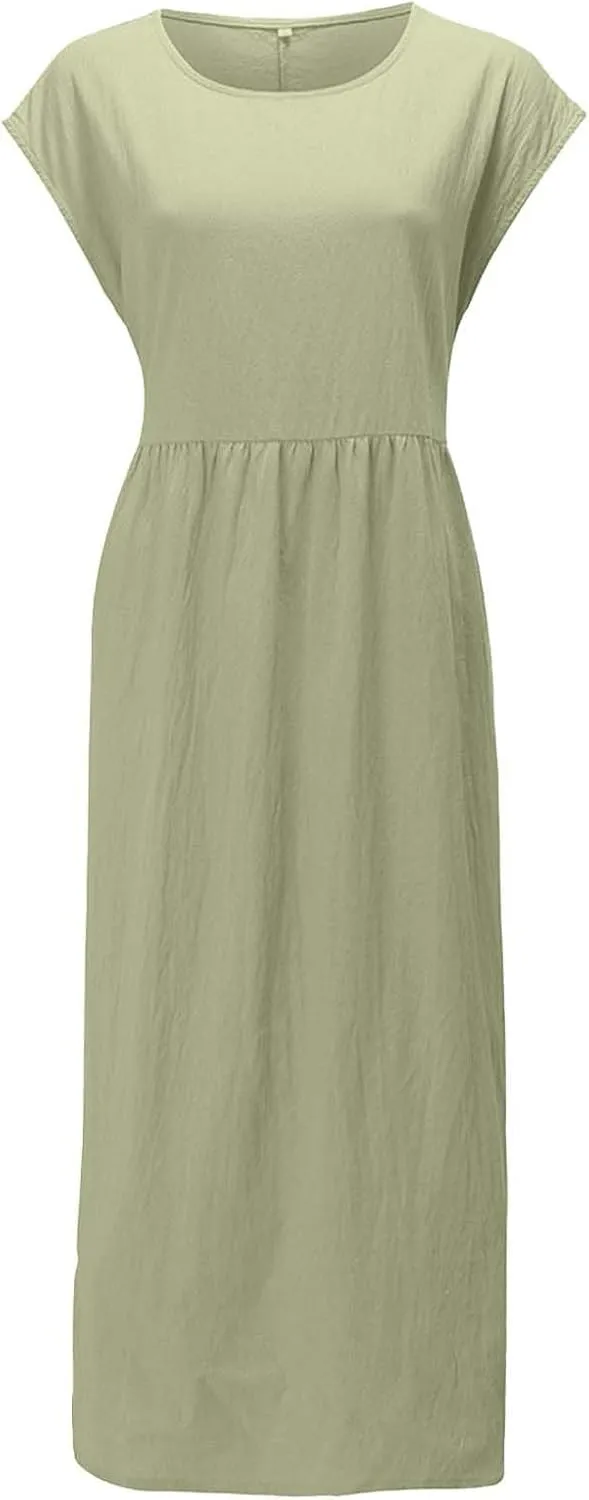 Aniywn Linen Dresses for Women 2025 Vacation Casual Summer Short Sleeve O Neck Flowy Dress Boho Beach Sundress with Pockets