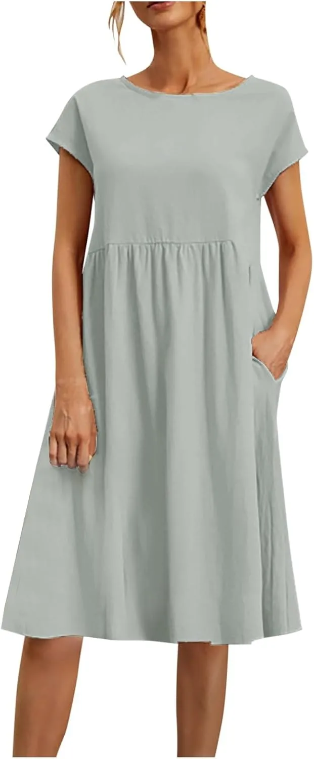 Aniywn Linen Dresses for Women 2025 Vacation Casual Summer Short Sleeve O Neck Flowy Dress Boho Beach Sundress with Pockets